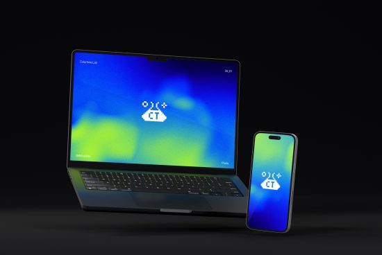 Laptop and smartphone mockup on dark background showing colorful screen design, ideal for digital asset presentations and UI design display.